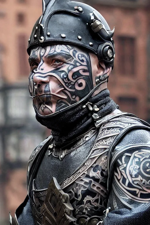 Fantasy Villain Man With A Tattooed Face Wearing A Iron Armo...