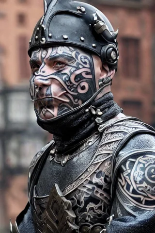Fantasy Villain Man With A Tattooed Face Wearing A Iron Armo... — Stable Diffusion AI Prompt: ((fantasy villain man)) with a (tattooed face) wearing a iron armour in front of...