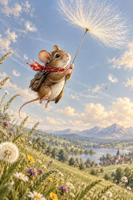 A Whimsical Surreal Illustration Of A Single Dandelion Seed...