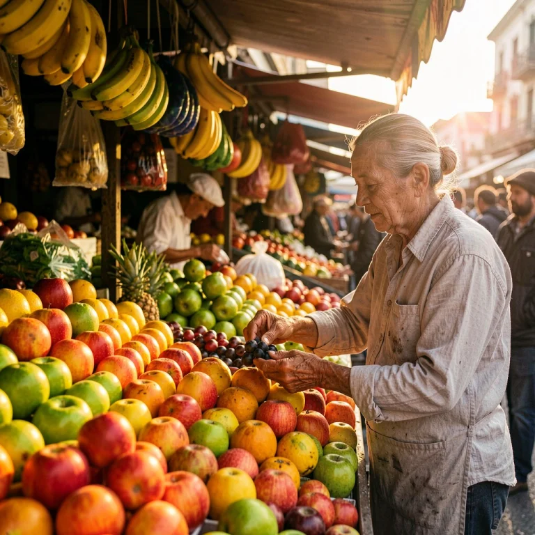 A Market Vendor Arranging Bright Fruit At A Stall, Aurora Gl...