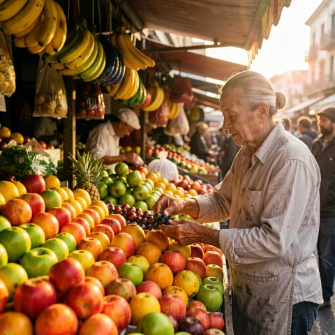 A Market Vendor Arranging Bright Fruit At A Stall, Aurora Gl... — Stable Diffusion AI Prompt: a market vendor arranging bright fruit at a stall, aurora glow, shot on Hasselbl...