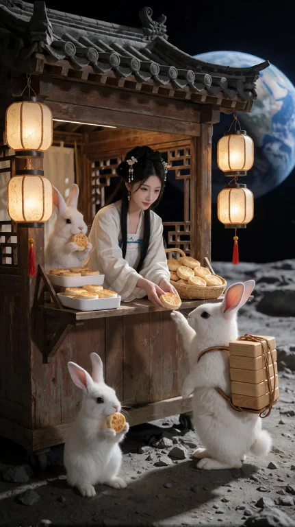 一位身穿淡雅白色传统汉服的年轻东方女子，黑色长发盘成精致发髻...