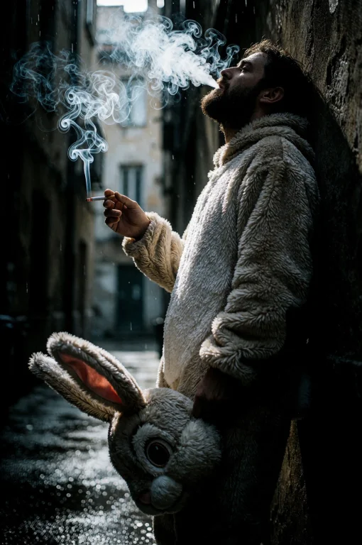 Cinematic Side-view Photograph Of A Man Wearing A Plush Rabb...