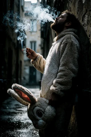 Cinematic Side-view Photograph Of A Man Wearing A Plush Rabb... — Stable Diffusion AI Prompt: Cinematic side-view photograph of a man wearing a plush rabbit suit, standing wi...