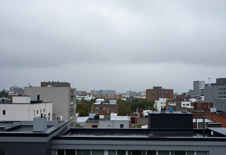 A Rooftop View Of A City Under Low Clouds, Candid Photograph...