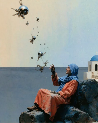 A Figure In A Blue Cap And Burnt Orange Robe Sits On Dark We... — Stable Diffusion AI Prompt: A figure in a blue cap and burnt orange robe sits on dark weathered rock/ legs f...