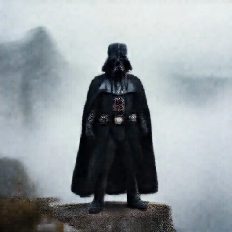 Darth Vader Looking Over The Edge To A Foggy Mountain