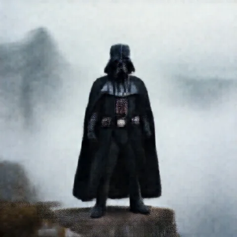 Darth Vader Looking Over The Edge To A Foggy Mountain — Stable Diffusion AI Prompt: Darth vader looking over the edge to a foggy mountain