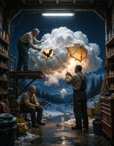 Create An Original Vertical Composition Depicting A Cloud-re... — Stable Diffusion AI Prompt: Create an original vertical composition depicting a cloud-repair garage — mechan...