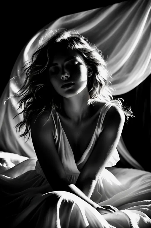 Black And White Portrait Of A Young Woman Sitting On A Bed S...
