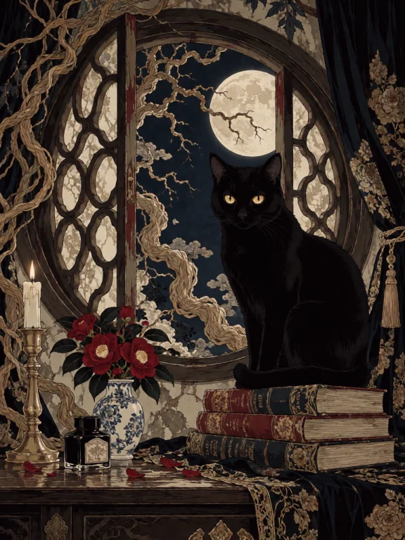 A Black Cat With Golden Eyes Sits On A Stack Of Old Books Be...