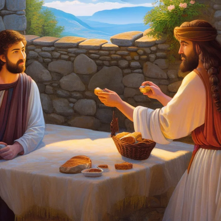 A Painting Of Jesus And Two Men Eating Bread And Talking To...