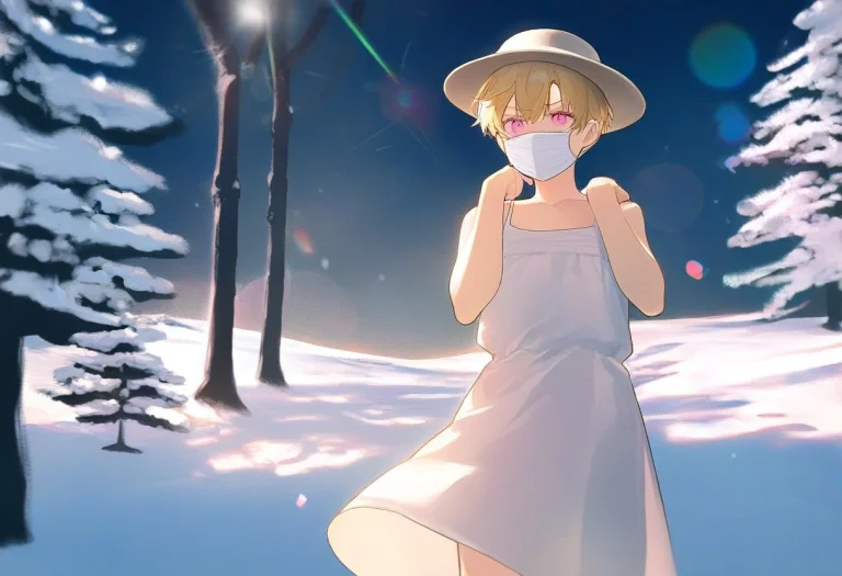 1boy, Solo, Blonde Hair, Pink Eyes, Sundress, Face Mask, Hat...