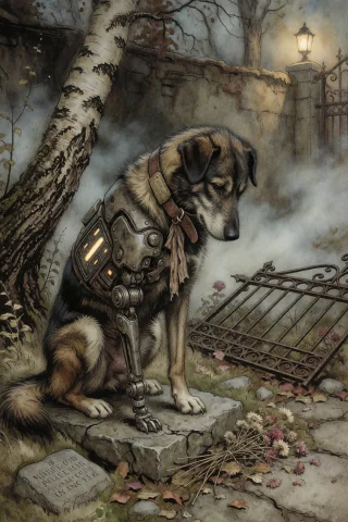 Cyber-enhanced Dog Sitting Upright Before A Small Stone Memo... — Stable Diffusion AI Prompt: cyber-enhanced dog sitting upright before a small stone memorial in an overgrown...