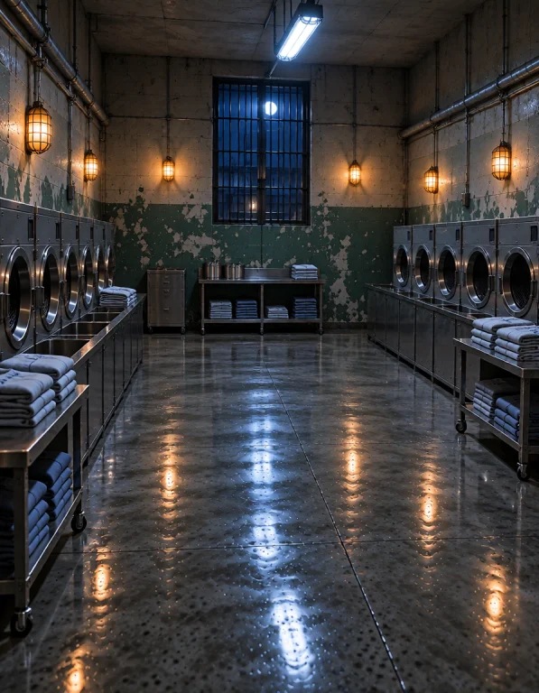 W0m3ns Pr1s0n, Photorealistic, Empty Prison Laundry Room At...