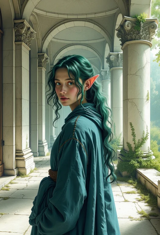 Elf Girl, Teal Green Hair, Messy And Loose, Long Pointed Ear...