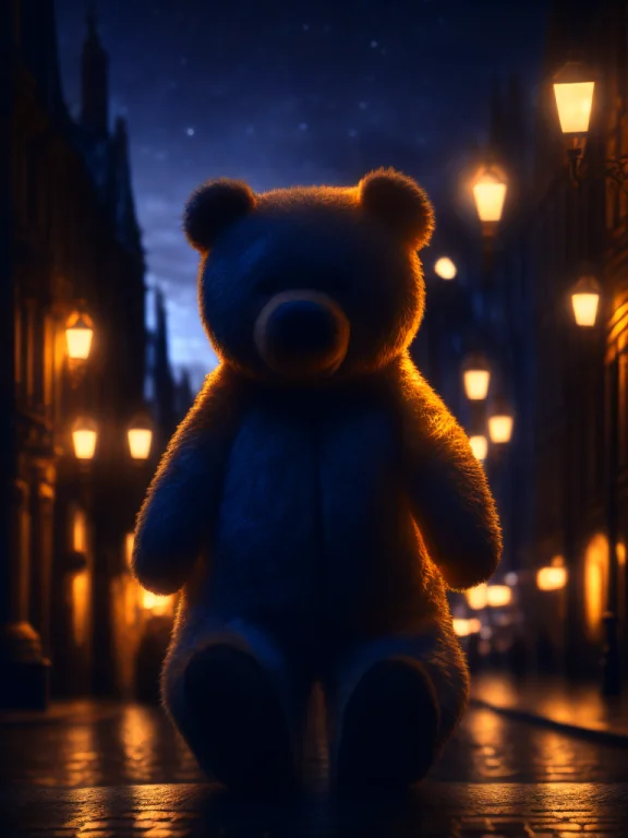 Photo Of A Realistic Giant Teddy Bear Under A Street Lamp At...
