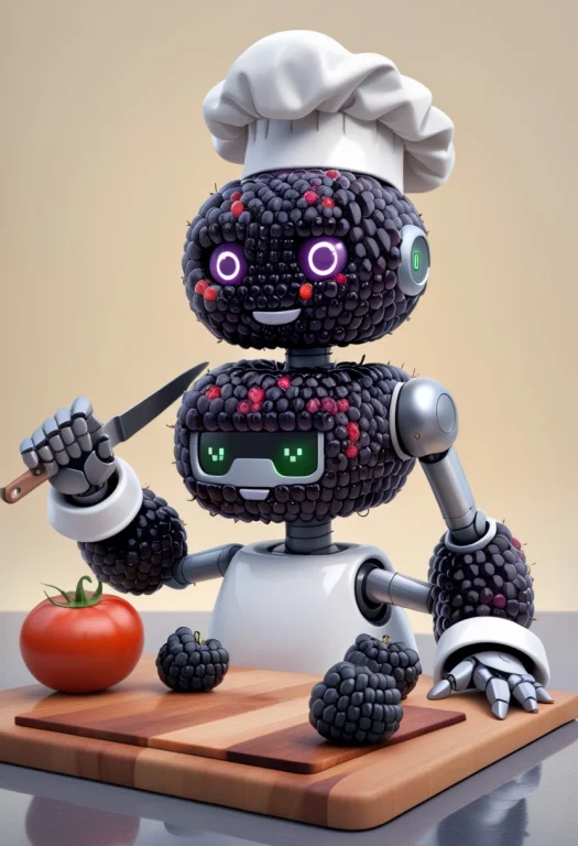 Blackberry World, A Robot Chef Made Of Blackberries, Cutting...