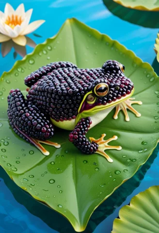 Lorablackberryworldmorth1 Fruit, Blackberryworld Frog On A L... — SDXL AI Prompt: fruit, (blackberryworld frog on a lily pad made of blackberries:1.2345), elabor...