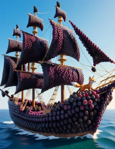 A Fox Navigating A Sailing Ship Made Of Juicy Blackberries,... — SDXL AI Prompt: A fox navigating a sailing ship made of juicy blackberries, blackberryworld, laz...