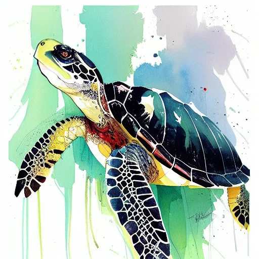 A Watercolor Painting With A White Background A Turtle