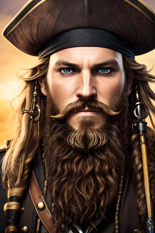 Photo Of A Pirate Captain With Long Beard And Bright Golden...