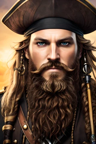 Photo Of A Pirate Captain With Long Beard And Bright Golden... — Stable Diffusion AI Prompt: photo of a pirate captain with long beard and bright golden eyes, glaming hair,...