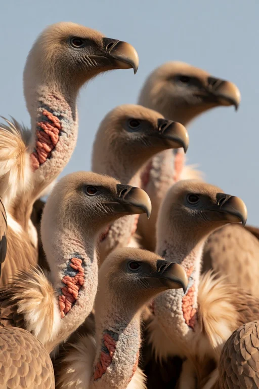 Midjourney A Close Up, Eye Level Shot Of Five Griffon Vultur...