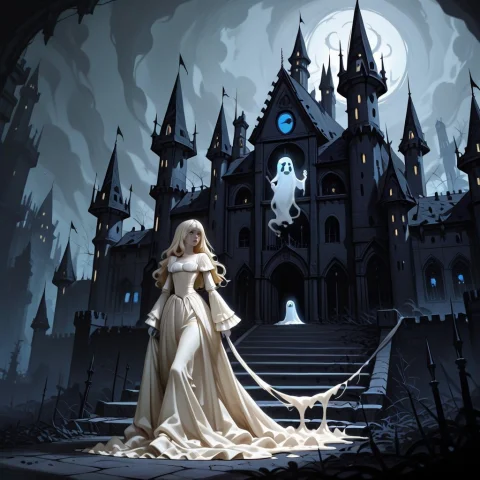 Gothic Castle In The Background, Moody, Somber, Woman With L... — SDXL AI Prompt: gothic castle in the background, moody, somber, woman with long pale blonde hair...