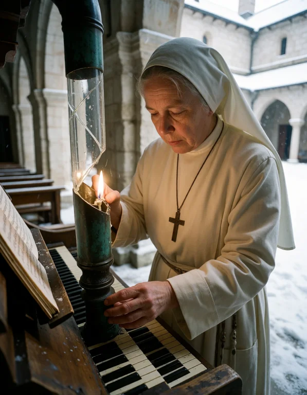 Frame A Photorealistic Centered On A Cloistered Musician-nun...
