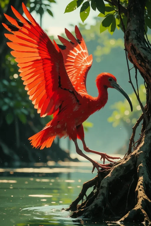 Nature, A Scarlet Ibis Lifting Off A Mangrove Flat On The Ve...