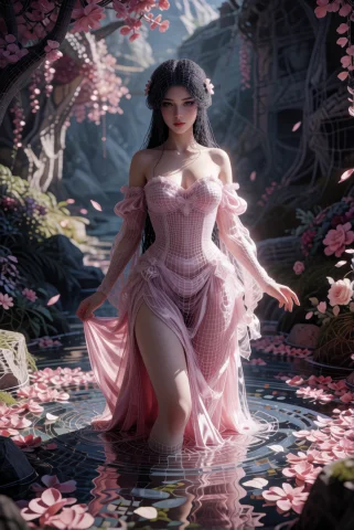 3dworld A Young Woman Wades Through A River Of Petals In A H... — Stable Diffusion AI Prompt: 3DWorld A young woman wades through a river of petals in a hidden valley, wearin...