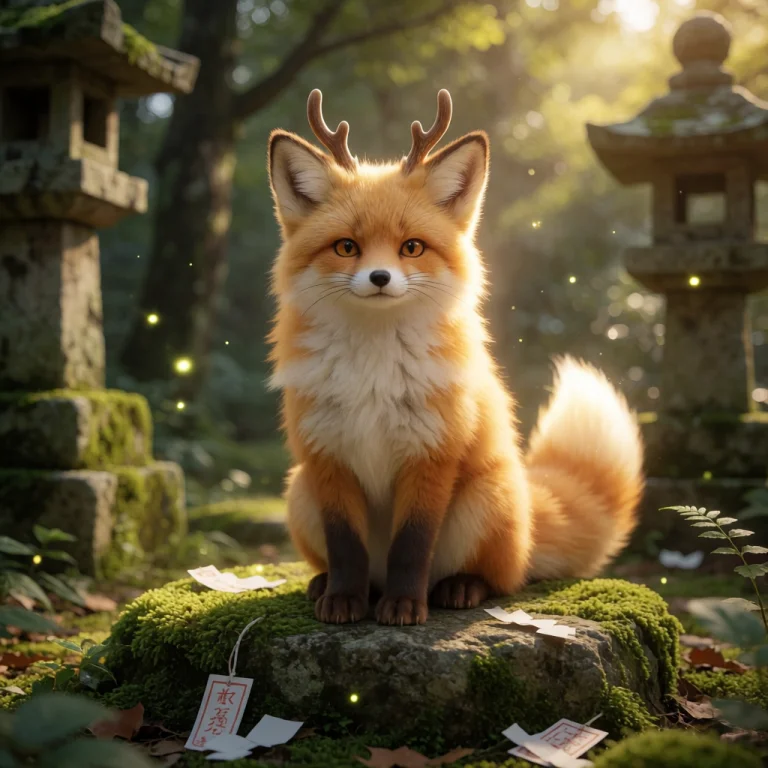 A Fluffy Fox Spirit Creature With Warm Orange-and-cream Fur,...