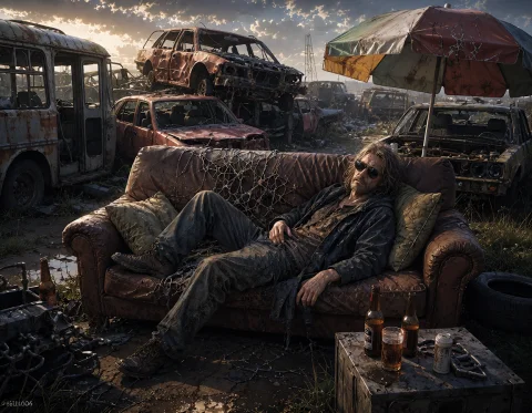 Loratraining2617621-20260926064714348-x3is1 Z1os, In The Mid... — Stable Diffusion AI Prompt: z1os, in the middle of a junkyard, dirty old man with sunglasses and long gray...