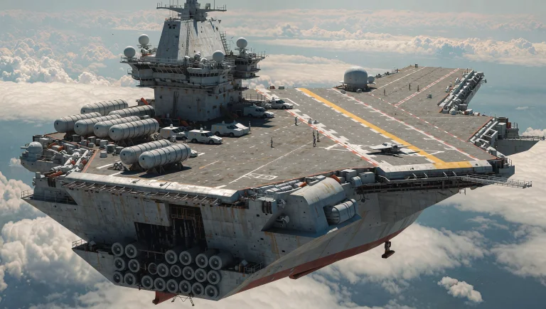 This Is A Photograph Of A Large, Futuristic Aircraft Carrier...