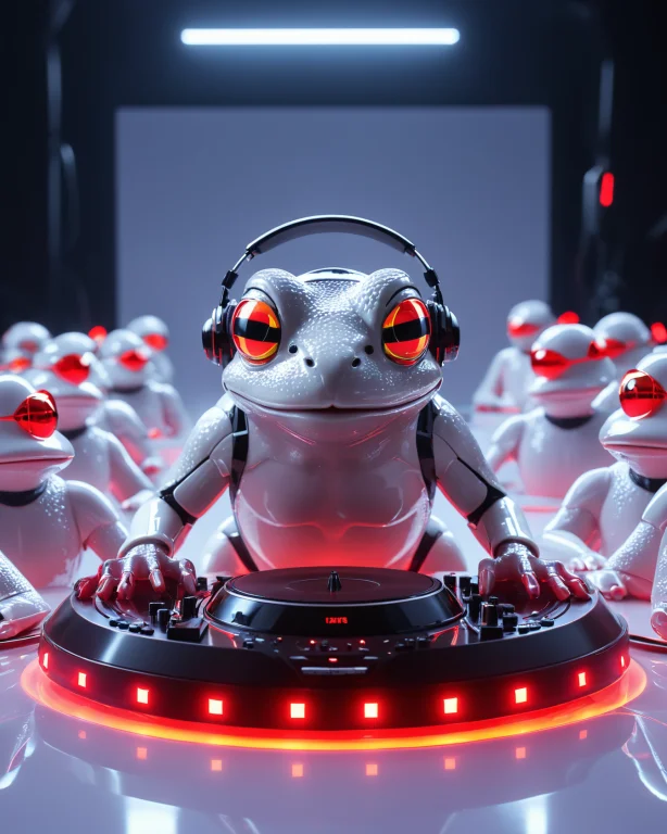 A Frog Dj Wearing Big Headphones At Turntables In A Futurist...