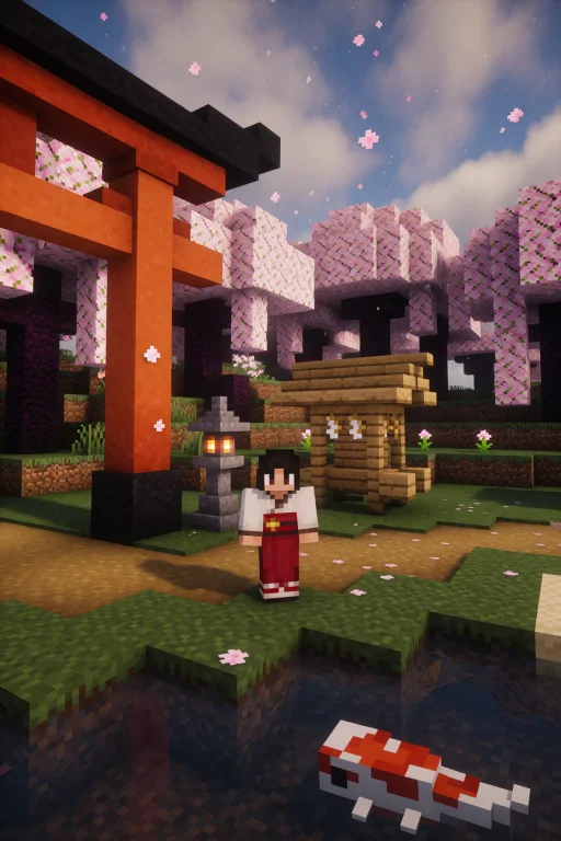Minecraft Style. A Girl In A Japanese Environment, Rendered...