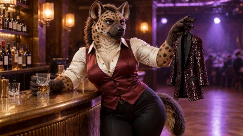 A Photorealistic Adult Female Anthropomorphic Spotted Hyena... — Stable Diffusion AI Prompt: A photorealistic adult female anthropomorphic spotted hyena nightclub owner stan...