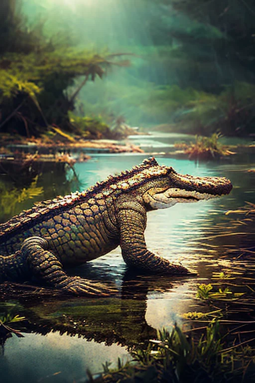 Eye Level Shallow Focus Shot Of Crocodile1.2 In A Swamp, Lay...