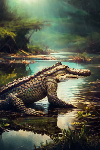 Eye Level Shallow Focus Shot Of Crocodile1.2 In A Swamp, Lay... — Stable Diffusion AI Prompt: eye level shallow focus shot of (Crocodile:1.2) in a swamp, laying down flat, on...