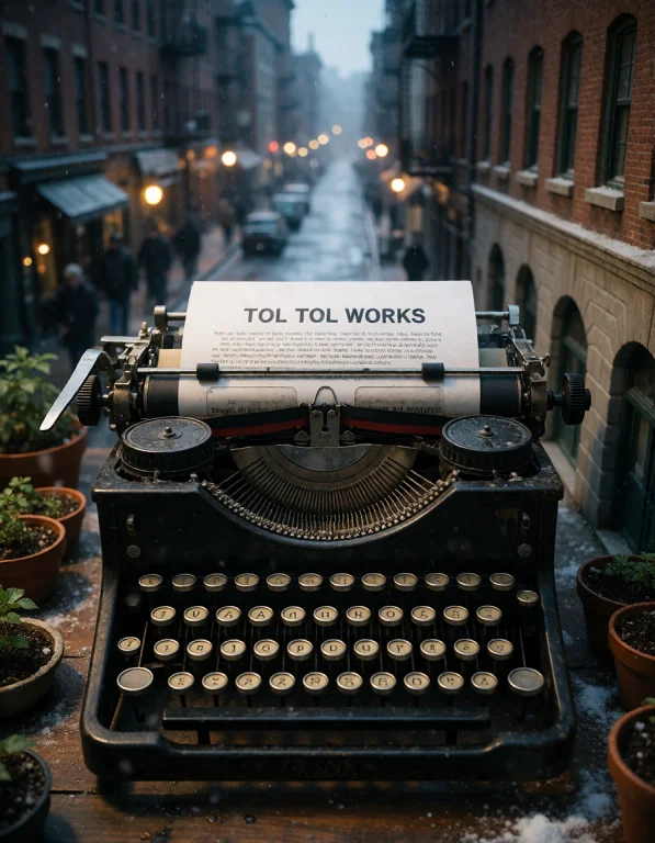 Create A Refined Vertical Scene Depicting An Old Typewriter...