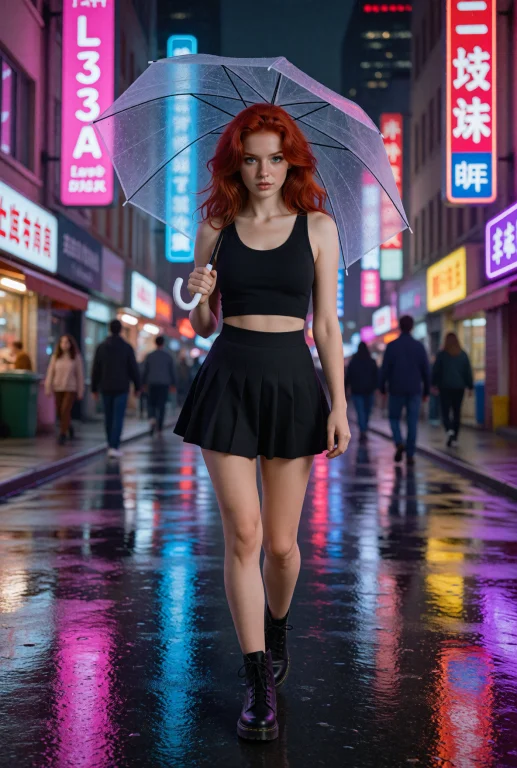 A Photograph Of L33na, She Strolls Through A Neon-lit City S...