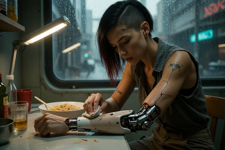 A Photographic Cyberpunk Scene Of A Wiry Woman With Tawny Sk...