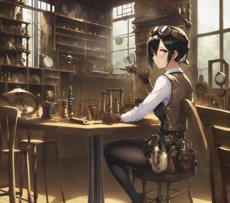 1woman, Black Hair, Steampunk Goggles, Prosthetic Arms, Tabl...