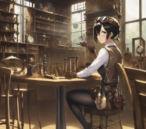 1woman, Black Hair, Steampunk Goggles, Prosthetic Arms, Tabl... — Stable Diffusion AI Prompt: 1woman, black hair, steampunk goggles, prosthetic arms, table, vest, solo, maste...