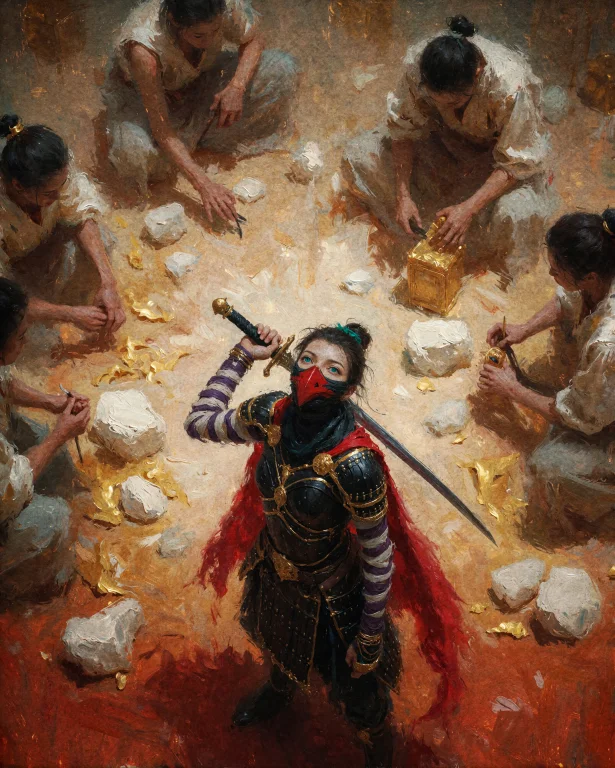 Yfg-thorn Style An Oil Painting On Canvas Where An Armored F...