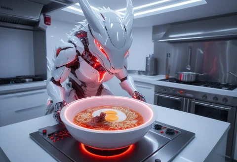 Whiteember, A Gigantic Futuristic Dragon Working As A Ramen... — SDXL AI Prompt: WhiteEmber, a gigantic futuristic dragon working as a ramen chef inside a pristi...