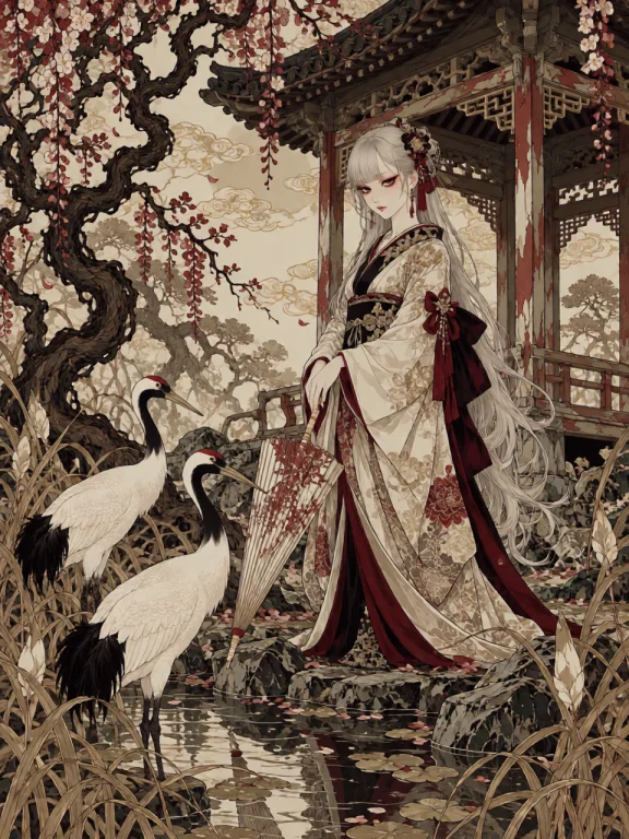 A Woman With Long Silver Hair Stands Beside A Shallow Garden...