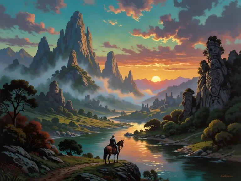 Knight On Horse Overlooking River Valley With Mountains Suns...