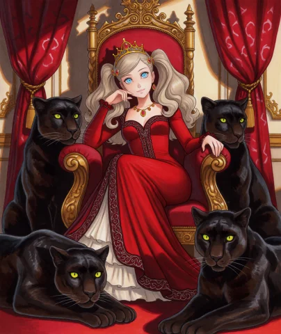 Ann Takamaki From Persona 5 As A Victorian Empress In A Red... — Stable Diffusion AI Prompt: Ann Takamaki from Persona 5 as a victorian empress in a red throne room, sitting...